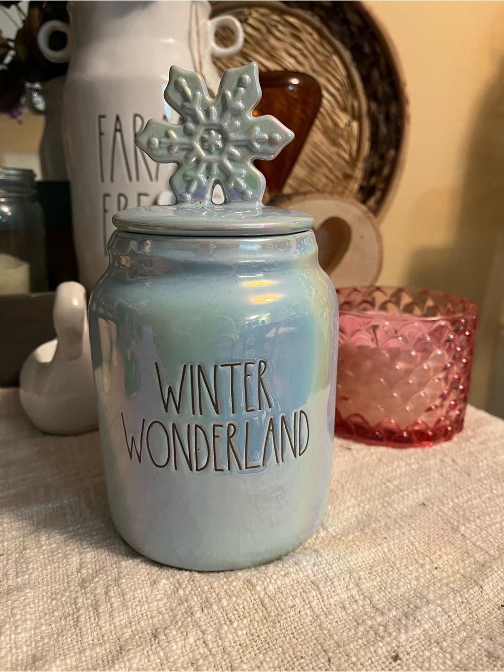 Rae Dunn Iridescent Light Blue Winter Wonderland Canister with Snowflake Lid